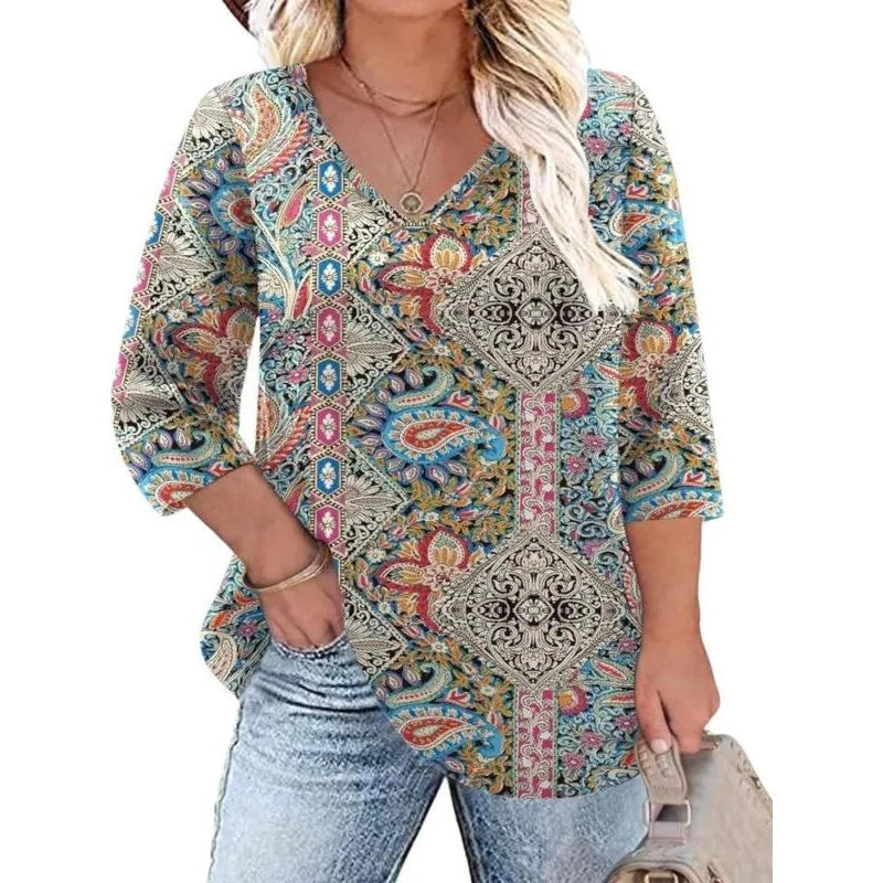 Plus Size Bohemian Print V-Neck Casual Blouse