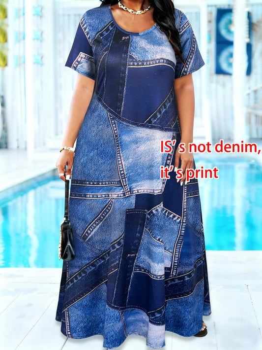 Plus Size Denim Print Maxi Sundress