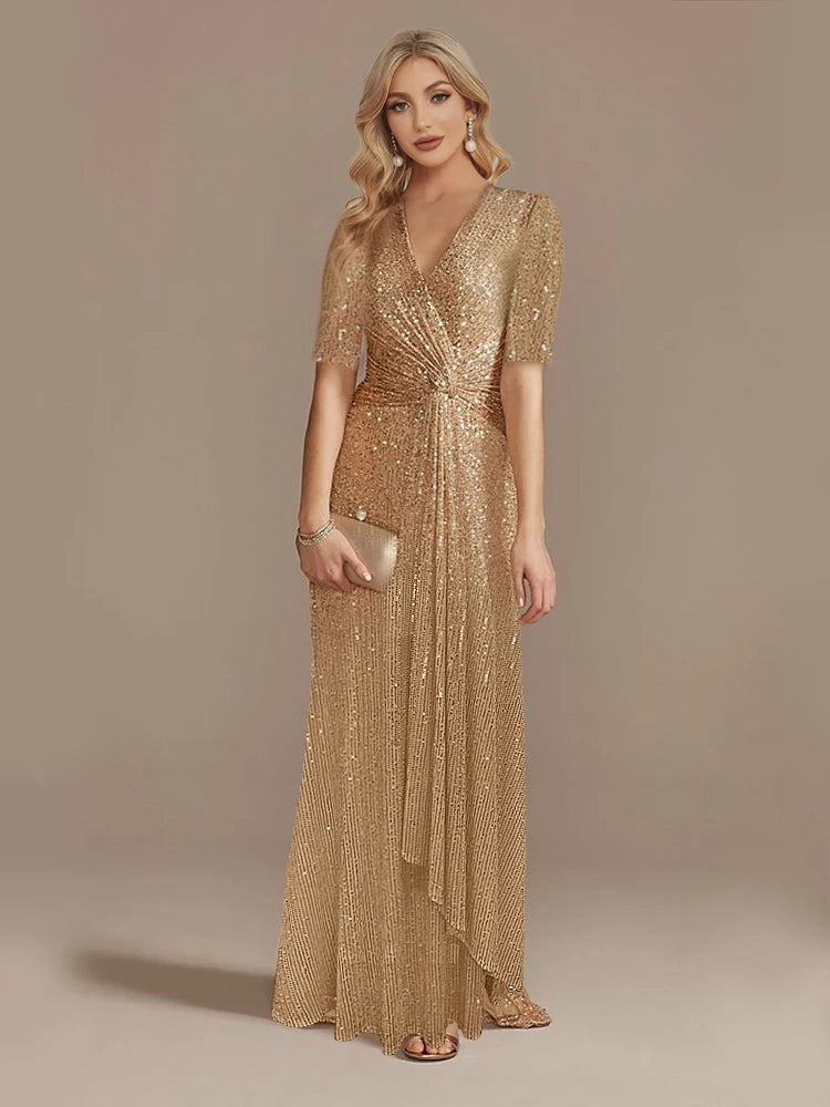Luxury Sequin V-Neck Floor-Length Evening Gown for Women
