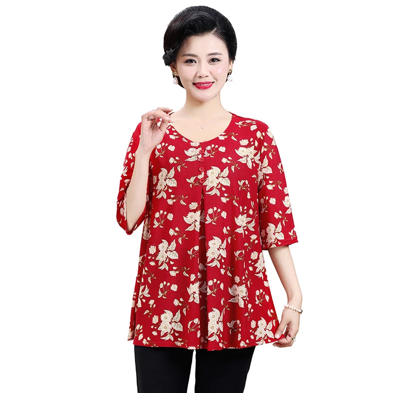 Plus Size Floral Pleated Loose T-Shirt