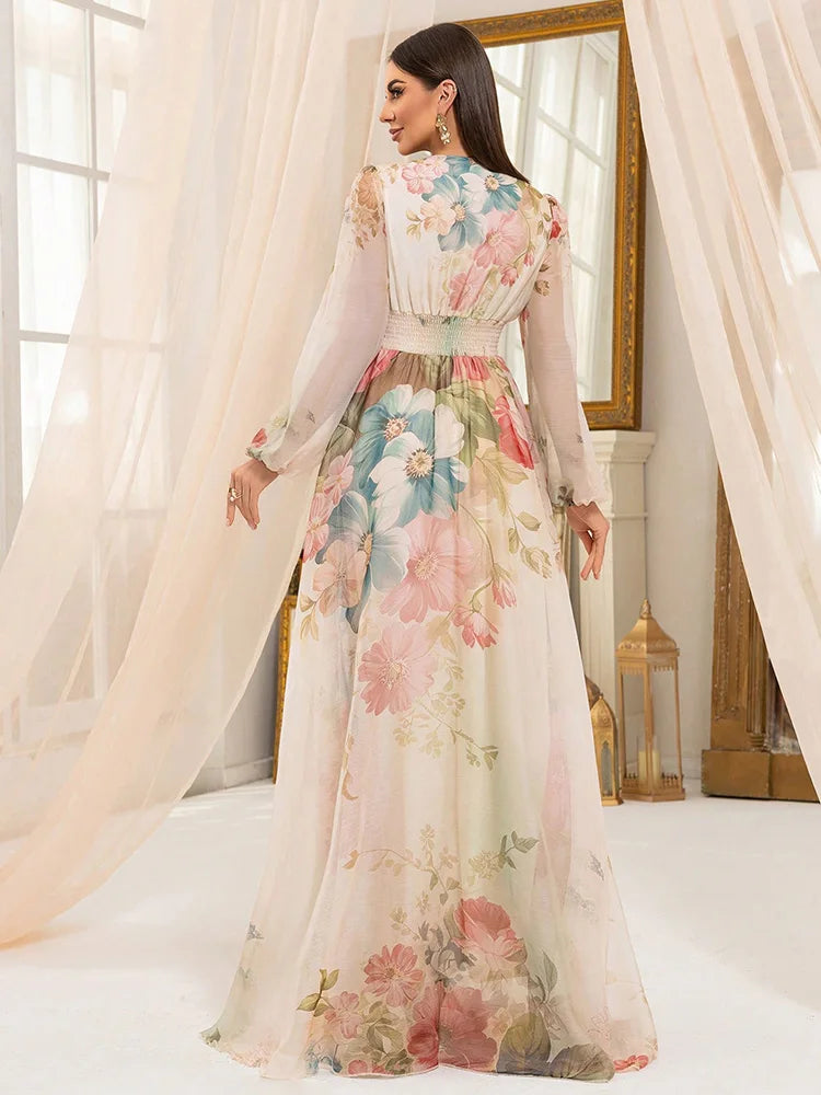 TOLEEN Women’s Floral Print Lantern Sleeve Maxi Dress