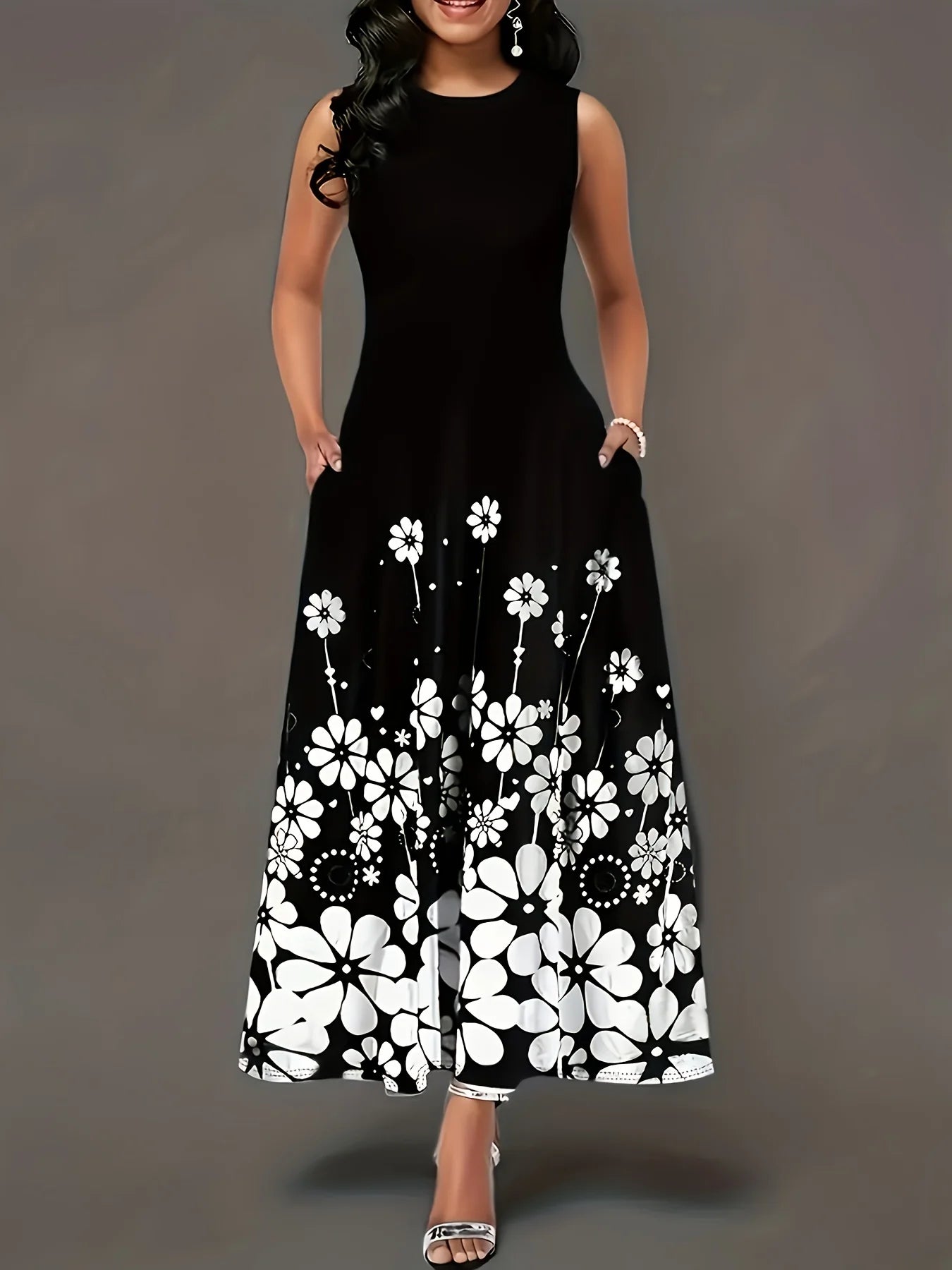 Women’s Black & White Floral Sleeveless Maxi Dress