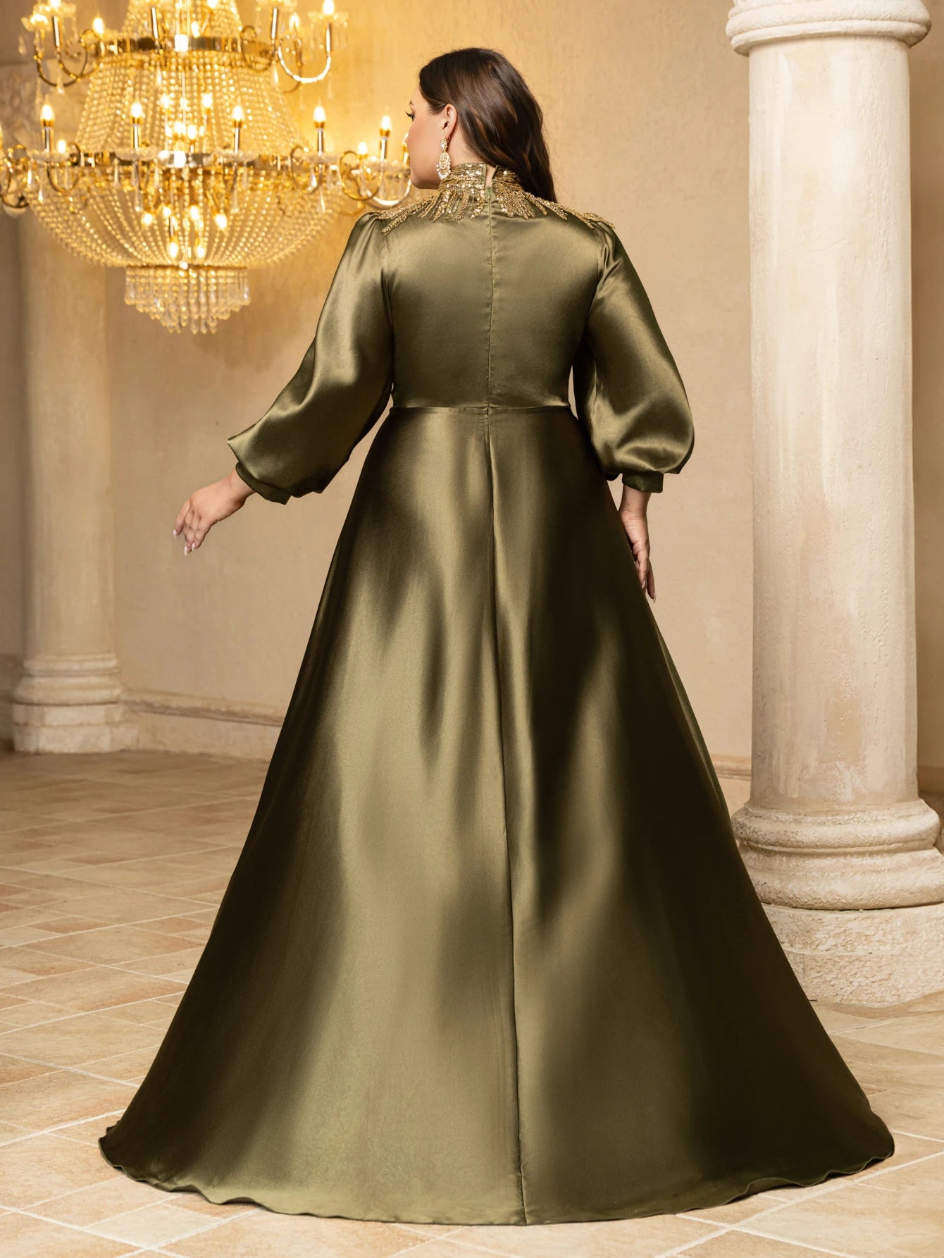 UNITHORSE Plus Size Beaded Sequin Satin Formal Dress