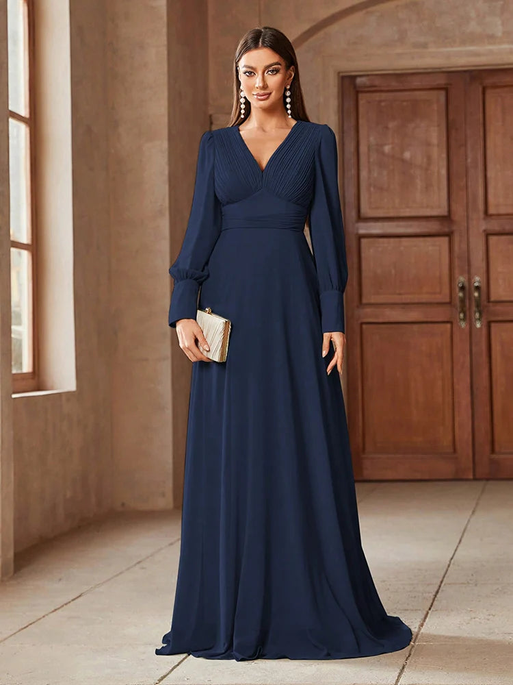 TOLEEN Elegant V-Neck Long Sleeve Maxi Dress